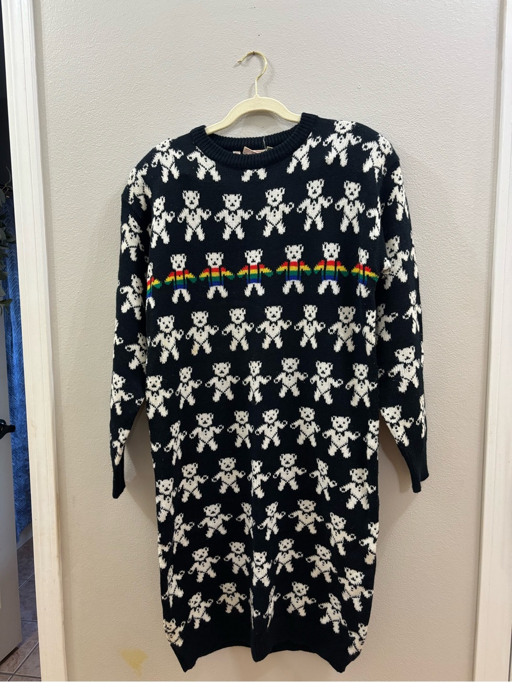 Eclipse Black Crewneck Sweater Dress with White Teddy Pattern and Rainbow Stripe
